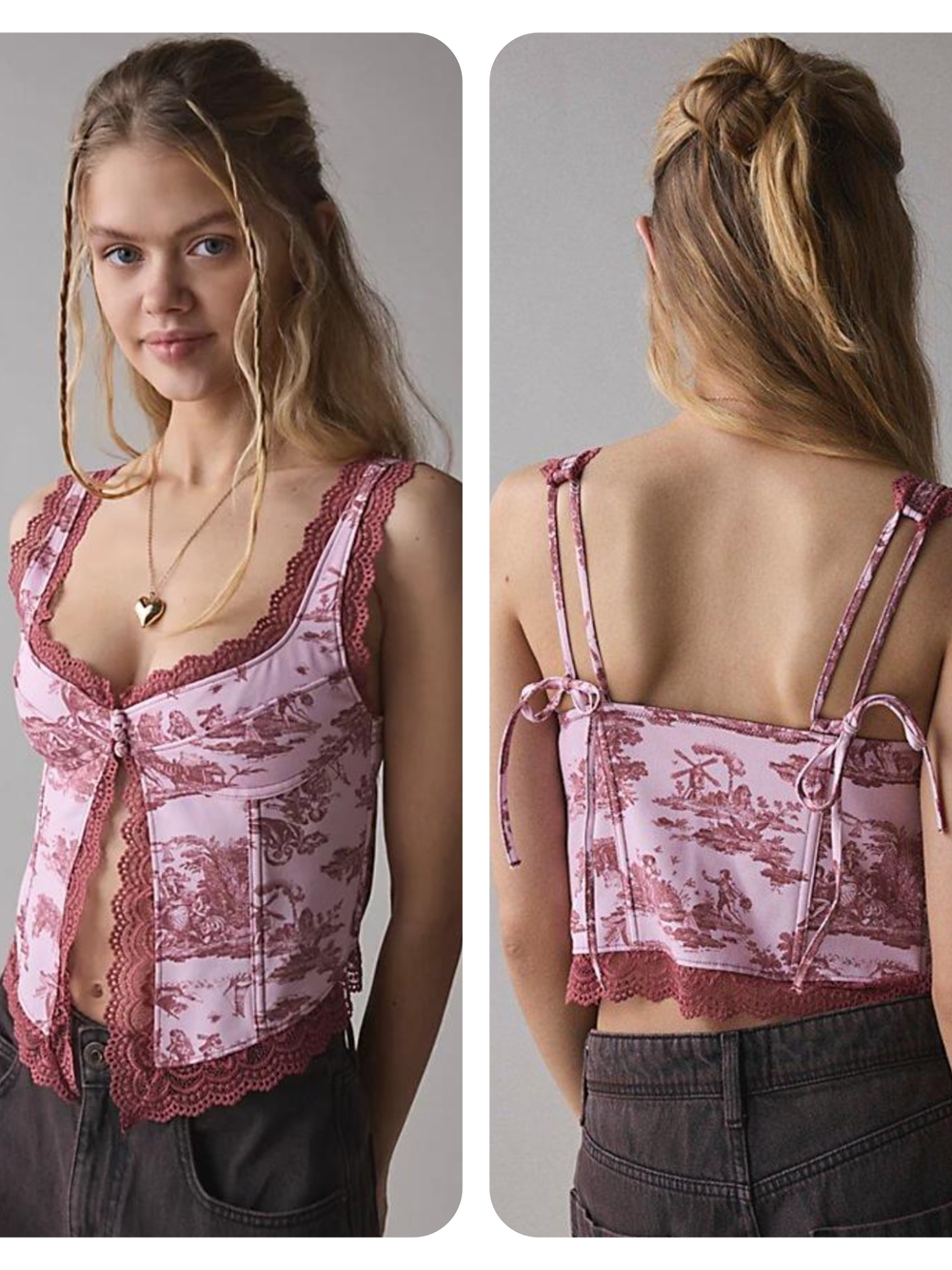 Urban Outfitters Dolce Verano Toile Print Pink Lace Trim Bustier Corset Tank Top